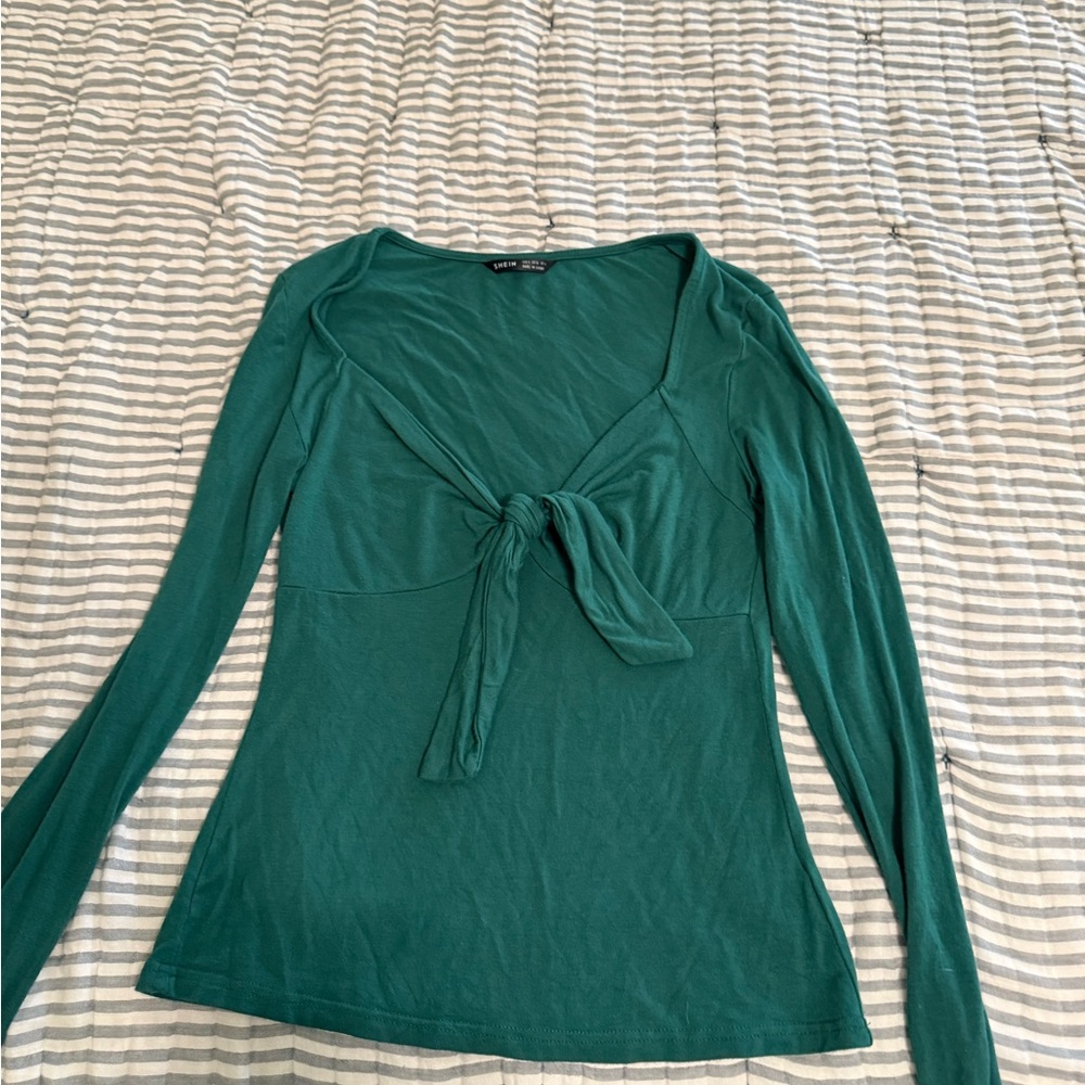 SHEIN Teal Long Sleeve Tie-Front Top